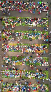 Meyve, sebze ve konik şapkalı insanlarla dolu canlı Vietnam pazarının yukarıdan aşağı görüntüsü. Güneydoğu Asya 'da renkli yerel kültür ve geleneksel sokak ticareti.