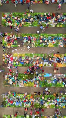 Meyve, sebze ve konik şapkalı insanlarla dolu canlı Vietnam pazarının yukarıdan aşağı görüntüsü. Güneydoğu Asya 'da renkli yerel kültür ve geleneksel sokak ticareti.