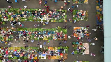 Meyve, sebze ve konik şapkalı insanlarla dolu canlı Vietnam pazarının yukarıdan aşağı görüntüsü. Güneydoğu Asya 'da renkli yerel kültür ve geleneksel sokak ticareti.