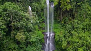 Endonezya, Bali 'deki Sekumpul Şelalesinin insansız hava aracı görüntüsü. Yükselen akarsular ve yemyeşil tropik bitki örtüsüyle çarpıcı bir orman sahnesi..