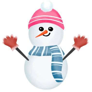 Kırmızı atkı, atkı, eşarp ve elinde kar tanesi olan bir şapka takan kardan adam. Çizgi film tarzı. Noel ve yeni yıl teması. vektör illüstrasyonu