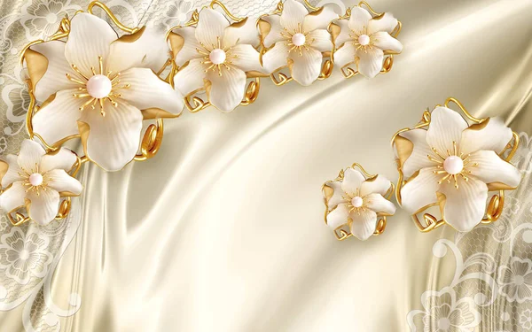 3d wallpaper golden jewelry flowers on golden silk background