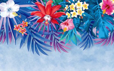 3D duvar kağıdı renkli çiçekler ve mermer arkaplan duvar resmi üzerinde dallar