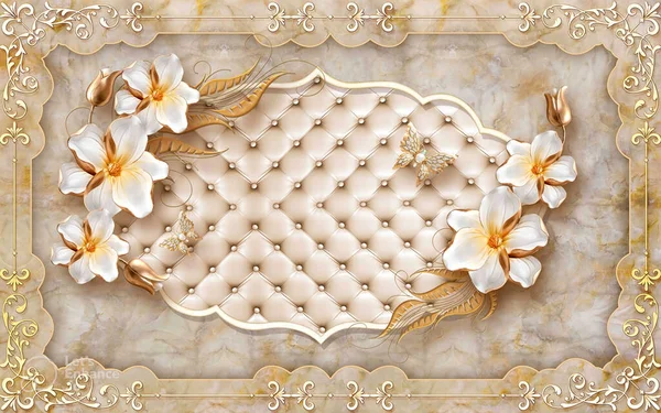 3d wallpaper white jewelry flowers on leather frame background and marble mural