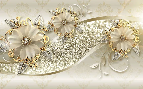 3d wallpaper golden jewelry flowers on golden diamond background mural