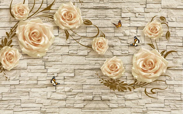 3d wallpaper golden jewelry flowers with brown branches on stone background