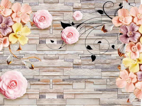 3d wallpaper jewelry colorful flowers with black branches on stone background