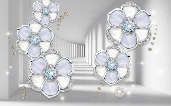 3d wallpaper blue and silver jewelry flowers on tunnel background