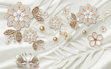 3D duvar kağıdı altın mücevher çiçekler, kelebekler ve kuğular ipek arka planda.