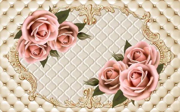 3d wallpaper pink jewelry flowers on golden leather background frame