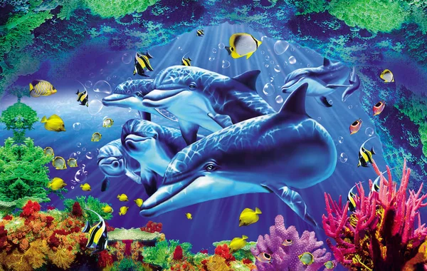 Wallpaper Veel Blauwe Dolfijnen Kleurrijke Vissen Onderwater — Stockfoto