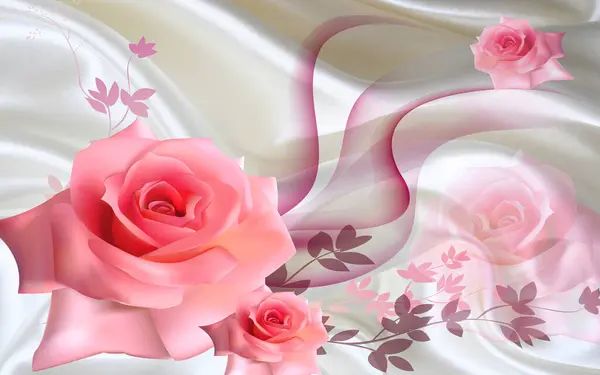 3d wallpaper pink jewelry flowers on white silk background