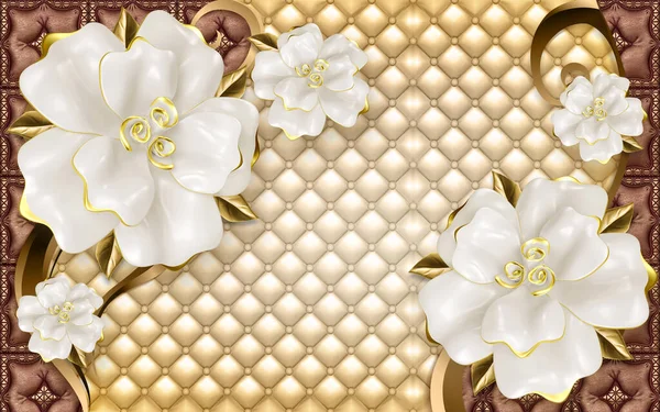 3d wallpaper white jewelry flowers on golden leather and brown background