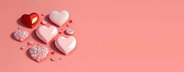Valentine's Day 3D Heart Illustration Objects and Crystal Diamond Background Design