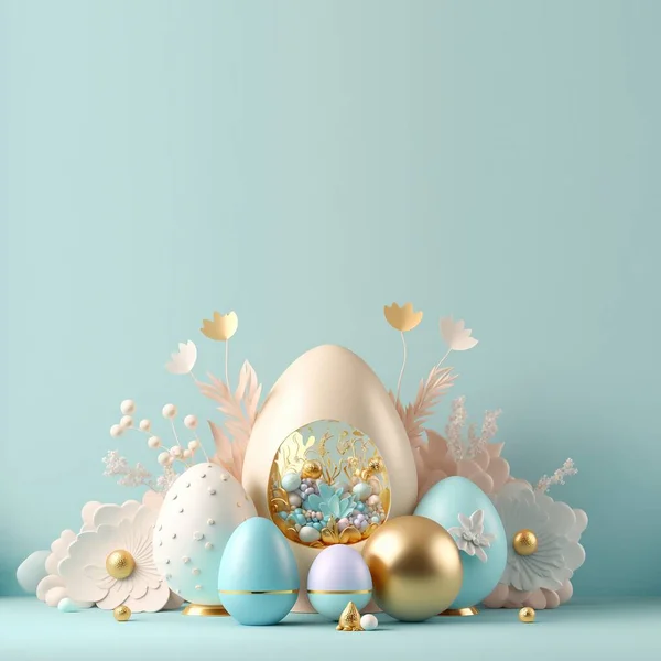 Easter Card Background with 3D Easter Eggs and Flower for Promotion