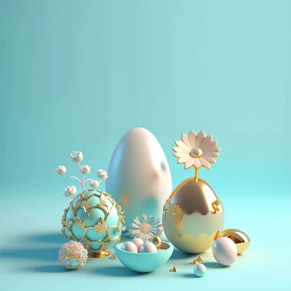 Easter Poster Background with 3D Easter Eggs and Flower Ornament