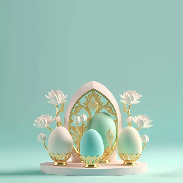 Easter Card Background with 3D Easter Eggs and Flower Ornament