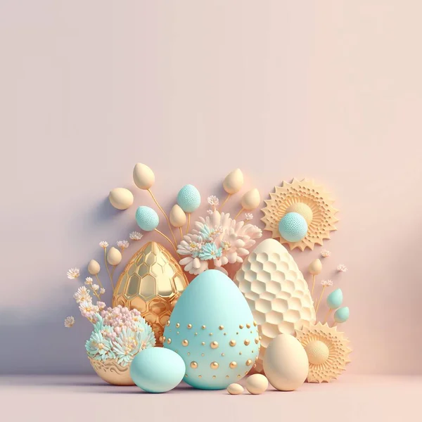 Easter Poster Background with 3D Render Easter Eggs and Floral