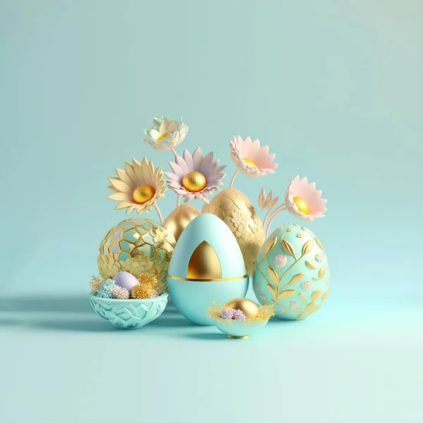 Easter Card Background with 3D Render Easter Eggs and Floral