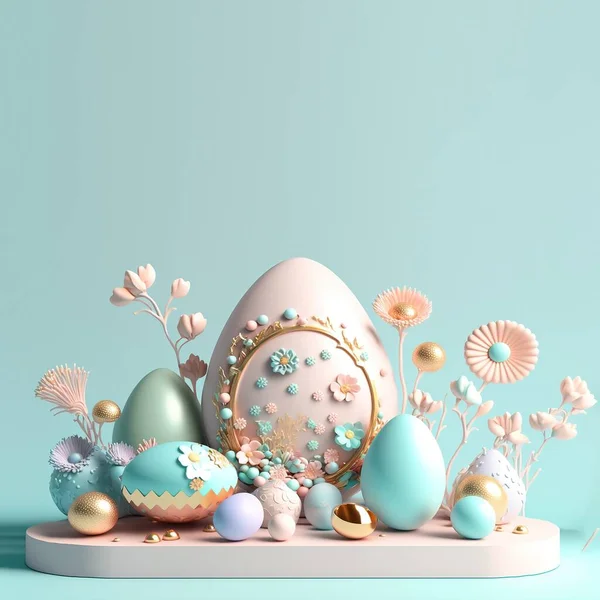Easter Card Background with 3D Render Easter Eggs and Floral Ornament
