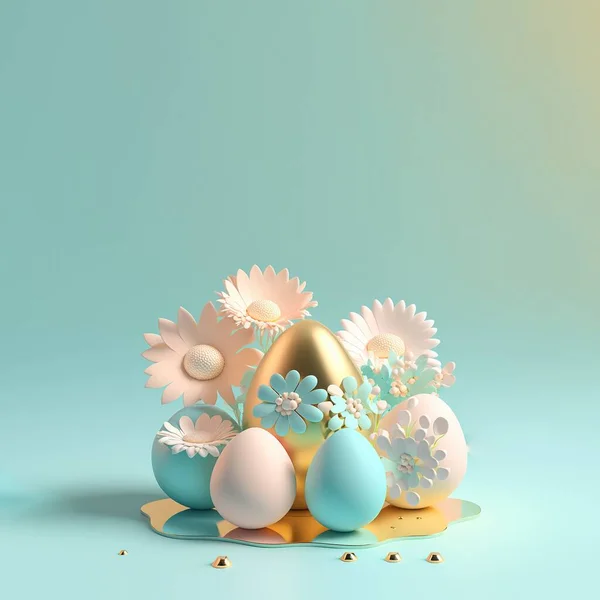 Easter Poster Background with 3D Render Easter Eggs and Floral Decoration