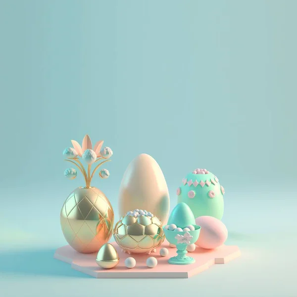 Easter Card Background with 3D Render Easter Eggs and Floral Decoration