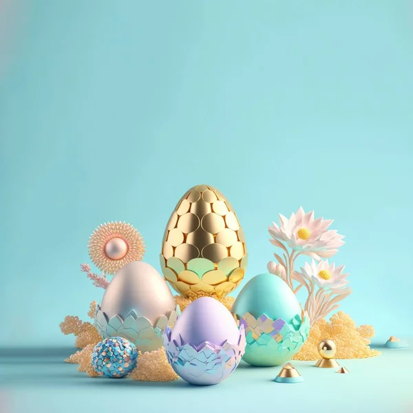 Easter Poster Background with 3D Easter Eggs and Floral for Promotion
