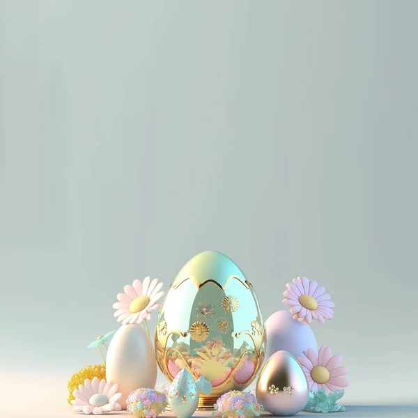 3D Render of Eggs and Flowers for Easter Party Background