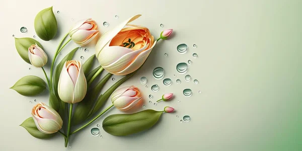 Nature Illustration of a Tulip Flower Blooming and Leaves