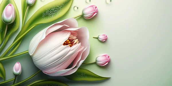 Realistic Nature Flower Illustration of a Tulip Bloom and Green Leaves