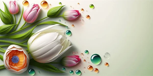 Nature Illustration of a Tulip Flower Bloom and Green Leaf