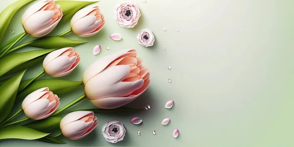 Realistic Flower Illustration of a Tulip Blooming and Green Leaf