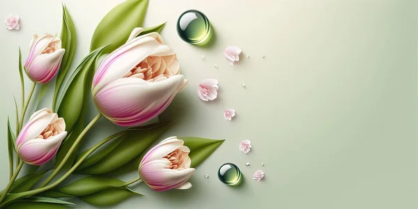 Realistic Flower Illustration of a Tulip Bloom and Green Leaves