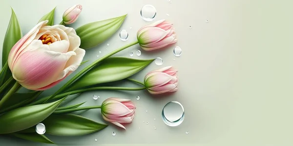 Realistic Flower Illustration of a Tulip Bloom and Green Leaves