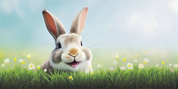 cute animal pet rabbit or adorable bunny on the lawn for easter background