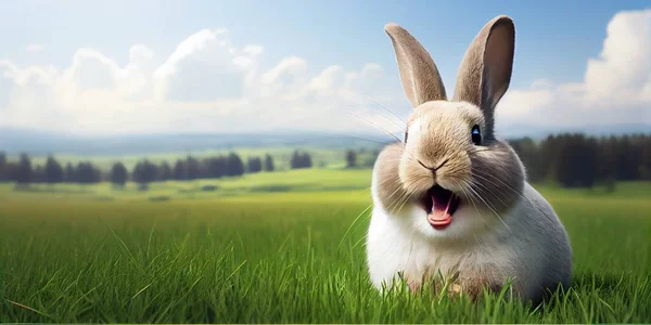 cute animal pet rabbit or adorable bunny on the grass for easter banner