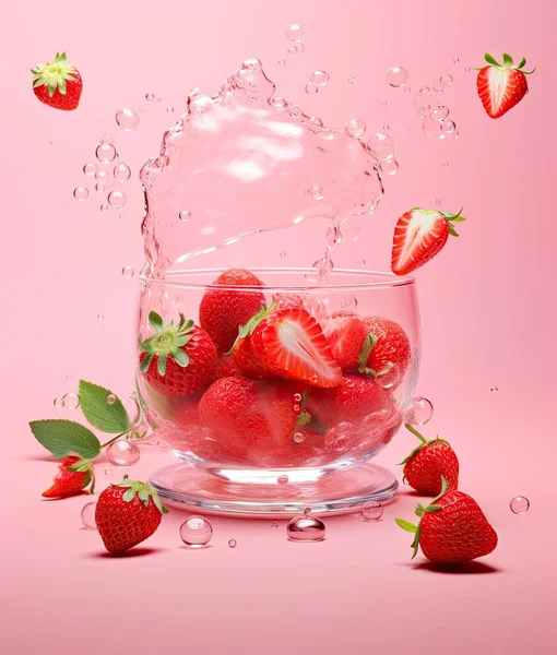Erdbeeren Fallen Eine Glasschüssel Mit Wasserspritzern Auf Rosa Hintergrund — Stockfoto