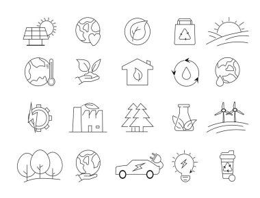 Ekoloji vektör simgeleri ayarlandı. Doğa simgesi. Çevre yeşili simgeler. Vektör Ekolojisi ve Yeşil Enerji Güç Hattı. 