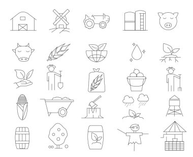 Çiftçi vektör simgeleri. Çiftçilikle ilgili çizgi simgeleri koleksiyonu. Tarım ve tarım çizgisi simgeleri belirlendi.