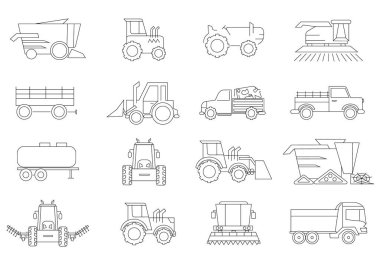 Çiftçilik ve tarımla ilgili vektör simgeleri. Tarım makineleri simgeleri ayarlandı. Beyaz arkaplanda izole edilmiş web tasarımı için tarımsal makinelerin ana hatları vektör simgeleri. 