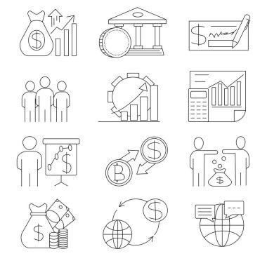 İş ve Finans web simgeleri aynı hizada. Para, banka, bağlantı, bilgi. Simge koleksiyonu. Vektör illüstrasyonu.
