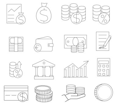 İş ve Finans web simgeleri aynı hizada. Para, banka, bağlantı, bilgi. Simge koleksiyonu. Vektör illüstrasyonu.