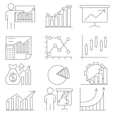 İş ve Finans web simgeleri aynı hizada. Para, banka, bağlantı, bilgi. Simge koleksiyonu. Vektör illüstrasyonu.