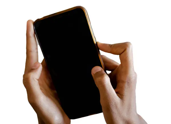 stock image Smartphone in hand, tapping the screen, Fingers scrolling on a digital display, Hand holding and navigating a mobile device.