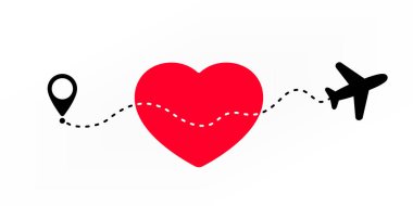 Uçak ve kalp şekli, aşk yolculuğu, sevgililer günü gezisi illüstrasyonu.
