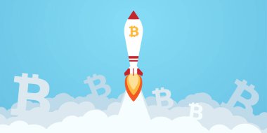 Bitcoin digital currency sign with rocket vector illustration