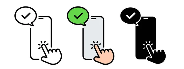 Hand Holding Mobile Phone Checkmark Speech Bubble Yes Illustration — Stock Vector