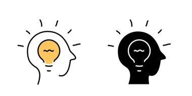 Kafasında ampul çizgisi simgesi olan bir kafa. Yeni fikir illüstrasyonu kavramı