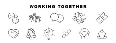 Set of line icons about team, teamwork, cooperation. Editable stroke