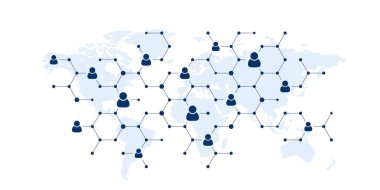 Sosyal kullanıcı ağı, insan ağı illüstrasyonu. Noktalar birbirine bağlı çizgiler dünya haritası arka planında ağ oluşturur